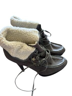 Bumper Gray Lace-Up Faux-Shearling Heeled Ankle Boots